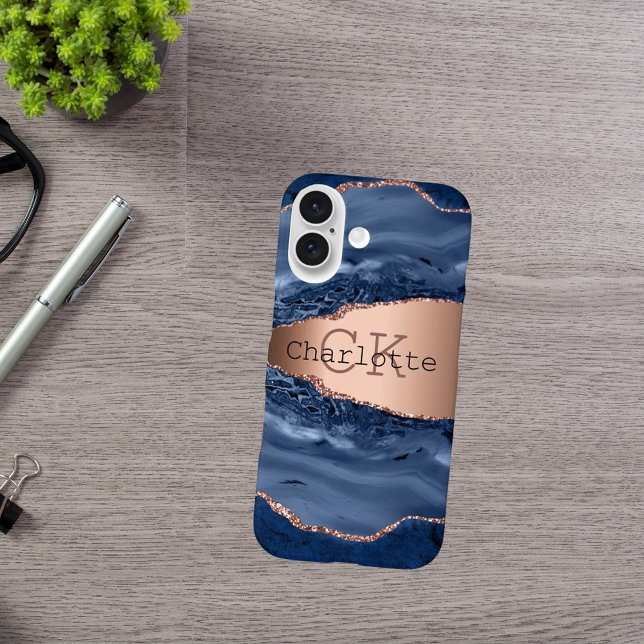 Blue agate marble rose gold name monogram iphone case (Creator Uploaded)