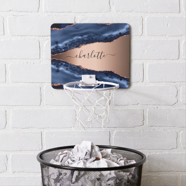 Blue agate marble rose gold name monogram mini basketball hoop (In Situ)