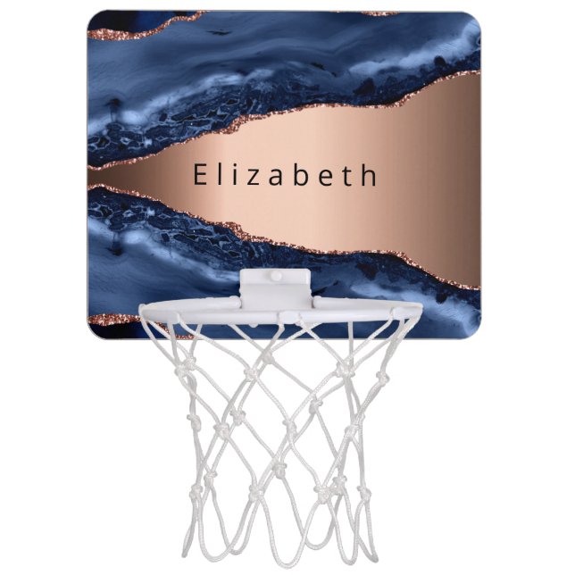 Blue agate marble rose gold name monogram mini basketball hoop (Front)