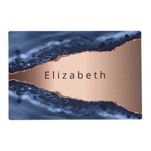 Blue agate marble rose gold name monogram placemat