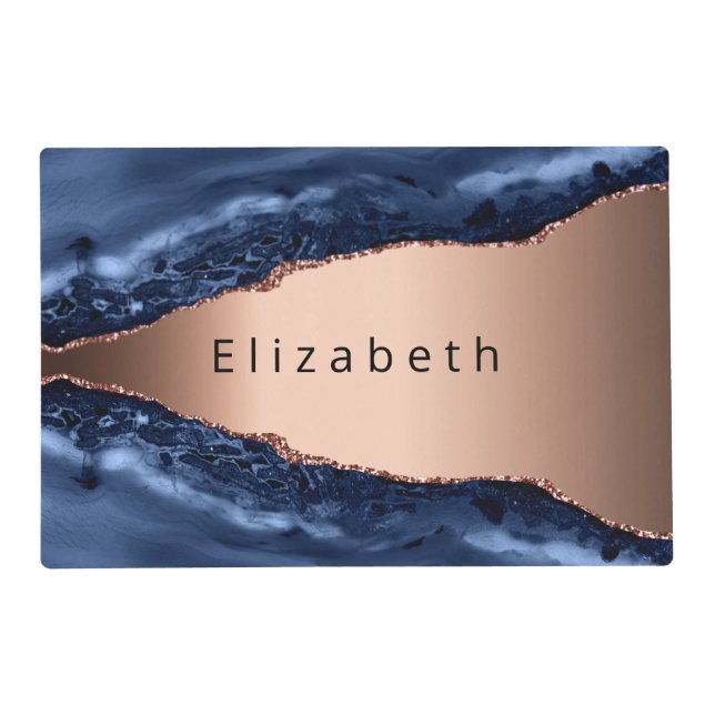 Blue agate marble rose gold name monogram placemat (Front)