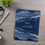 Blue agate marble rose gold name script 2024 planner<br><div class="desc">A dark blue and rose gold agate,  marble stone print as background Personalize and add your name. The name is written with a modern hand lettered style script.</div>