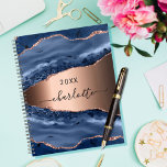 Blue agate marble rose gold name script 2025 planner<br><div class="desc">A dark blue and rose gold agate,  marble stone print as background Personalize and add your name. The name is written with a modern hand lettered style script.</div>