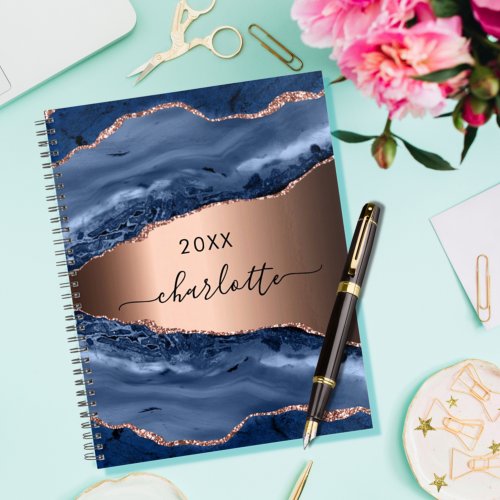 Blue agate marble rose gold name script 2025 planner