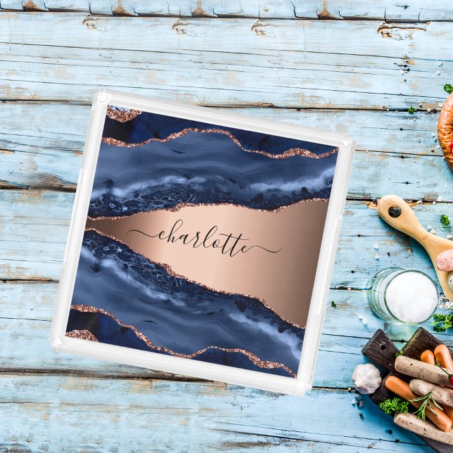 Blue agate marble rose gold name script acrylic tray (Creator Uploaded)