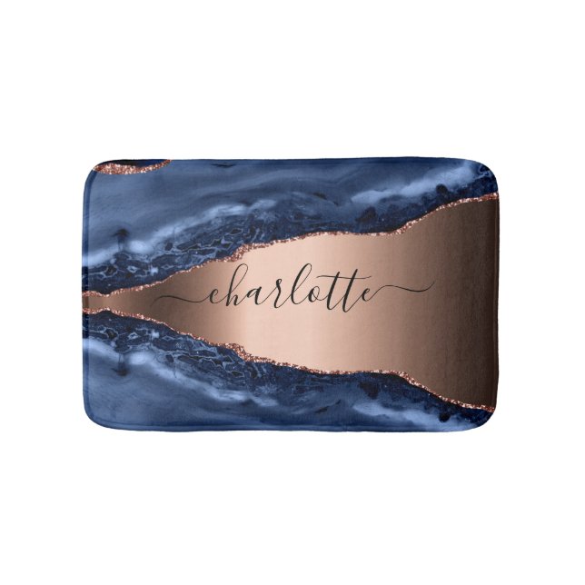 Blue agate marble rose gold name script bath mat (Front)