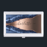 Blue agate marble rose gold name script business card case<br><div class="desc">A dark blue and rose gold agate,  marble stone print as background. Personalize and add your name. The name is written with a modern hand lettered style script with swashes. 
To keep the swashes only delete the sample name,  leave the spaces or emoji's in front and after the name.</div>