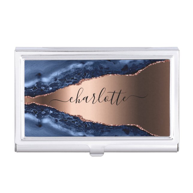 Blue agate marble rose gold name script business card case (Front)