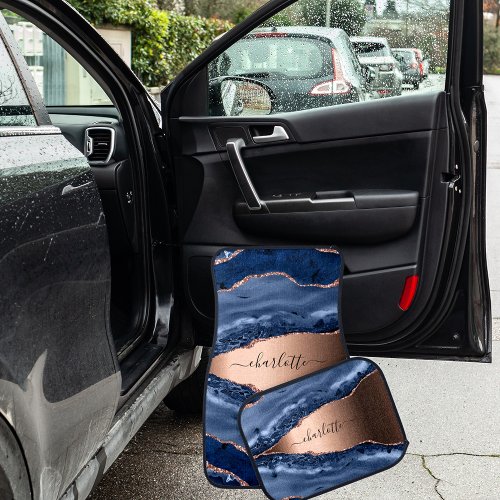 Blue agate marble rose gold name script car floor mat