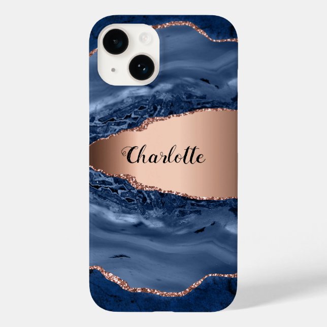 Blue agate marble rose gold name script Case-Mate iPhone case (Back)