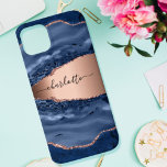 Blue agate marble rose gold name script Case-Mate iPhone 14 case<br><div class="desc">A dark blue and rose gold agate,  marble stone print as background Personalize and add your name. The name is written with a modern hand lettered style script.</div>