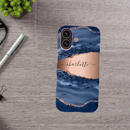 Blue agate marble rose gold name script iPhone 16 case