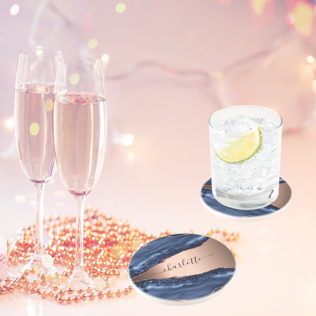 Blue agate marble rose gold name script  coaster (Creator Uploaded)