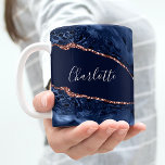Blue agate marble rose gold name script coffee mug<br><div class="desc">Navy blue and rose gold agate,  marble stone as background. Personalize and add your name,   white letters. The name is written with a modern hand lettered style script.</div>