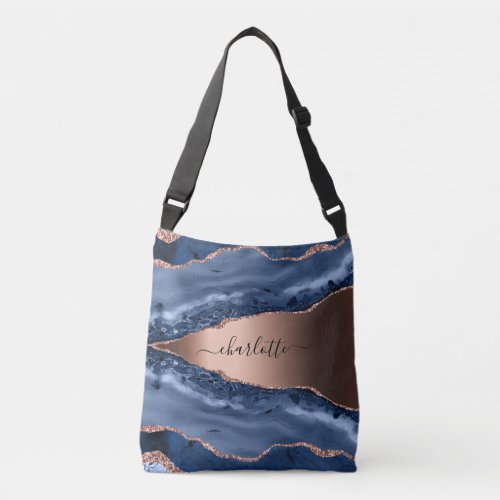 Blue agate marble rose gold name script crossbody bag