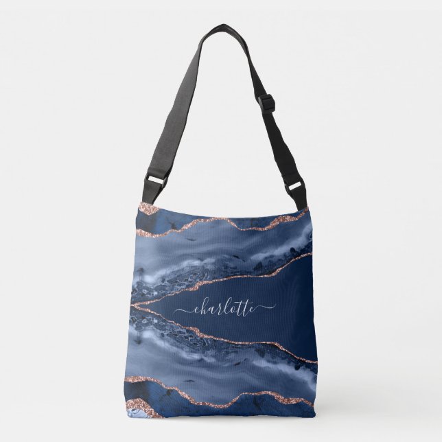 Blue agate marble rose gold name script crossbody bag (Front)
