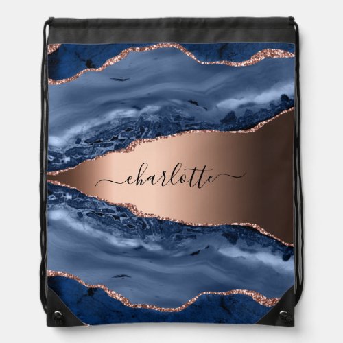 Blue agate marble rose gold name script drawstring bag