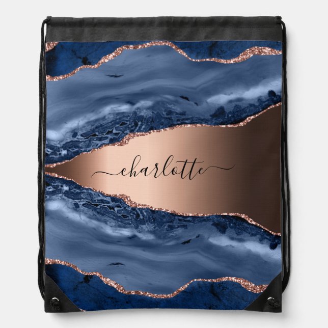 Blue agate marble rose gold name script drawstring bag (Front)