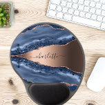 Blue agate marble rose gold name script gel mouse pad<br><div class="desc">A dark blue and rose gold agate,  marble stone print as background Personalize and add your name. The name is written with a modern hand lettered style script.</div>