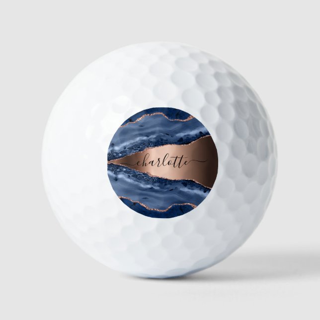 Blue agate marble rose gold name script golf balls (Front)