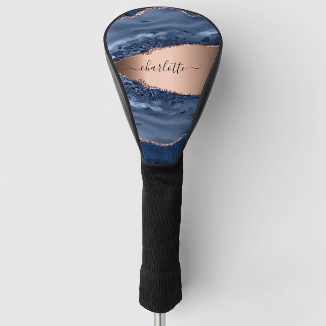 Blue agate marble rose gold name script  golf head cover (Front)