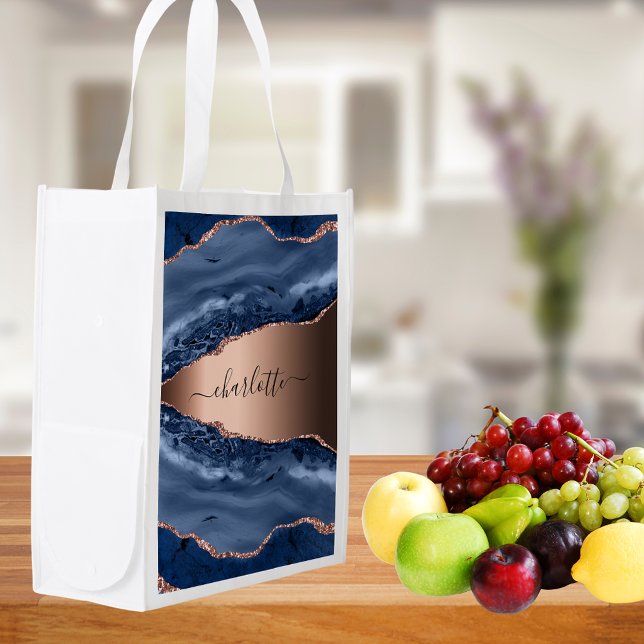 Blue agate marble rose gold name script grocery bag (Creator Uploaded)