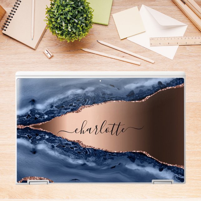 Blue agate marble rose gold name script HP laptop skin (Creator Uploaded)