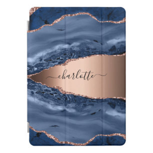 Blue agate marble rose gold name script iPad pro cover
