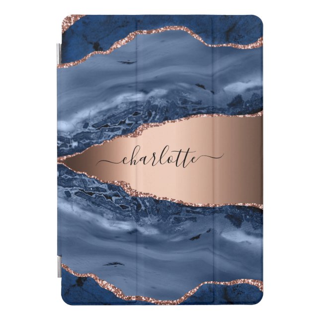Blue agate marble rose gold name script iPad pro cover (Front)