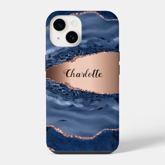 Blue agate marble rose gold name script iphone case (Back)