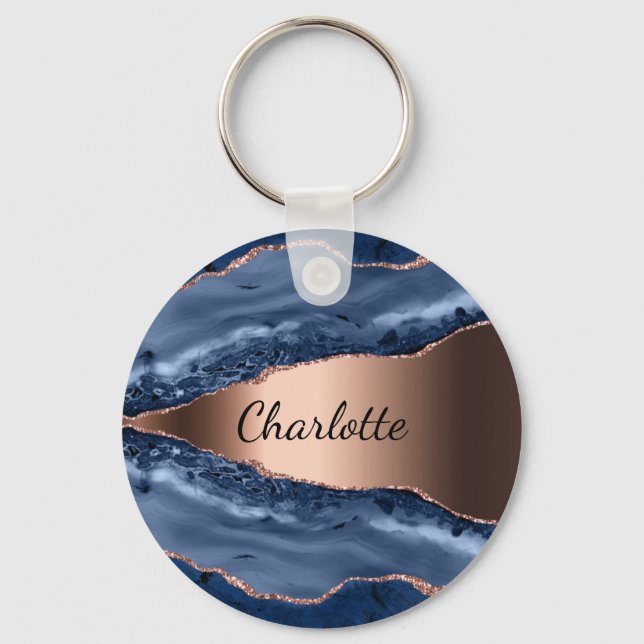 Blue agate marble rose gold name script keychain (Front)