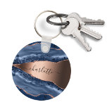 Blue agate marble rose gold name script keychain<br><div class="desc">A dark blue and rose gold agate,  marble stone print as background Personalize and add your name. The name is written with a modern hand lettered style script.</div>