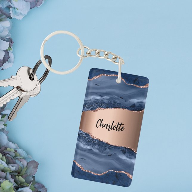 Blue agate marble rose gold name script keychain (Creator Uploaded)