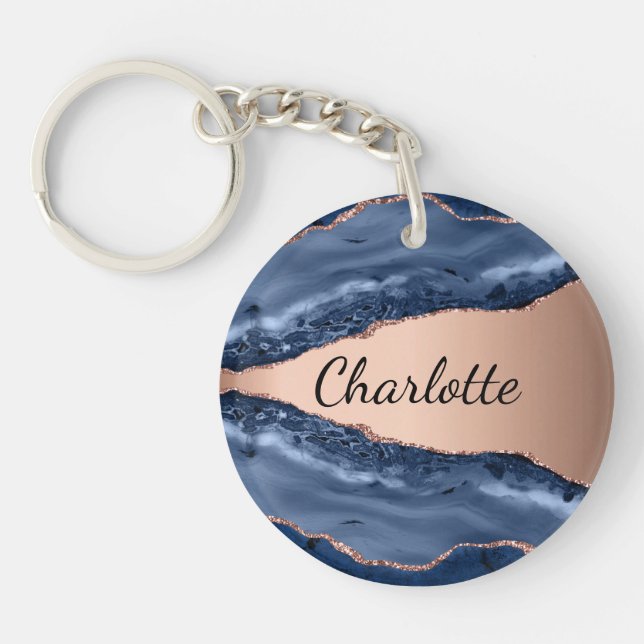 Blue agate marble rose gold name script keychain (Front)