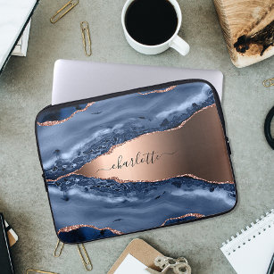 Blue agate marble rose gold name script laptop sleeve