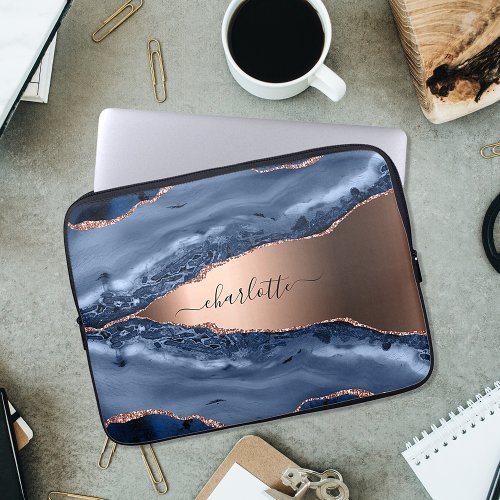 Blue agate marble rose gold name script laptop sleeve