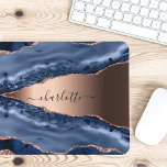 Blue agate marble rose gold name script mouse pad<br><div class="desc">A dark blue and rose gold agate,  marble stone print as background Personalize and add your name. The name is written with a modern hand lettered style script.</div>