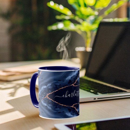 Blue agate marble rose gold name script mug