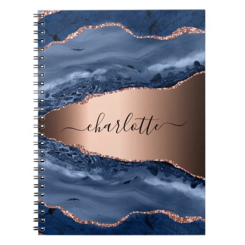 Blue agate marble rose gold name script notebook