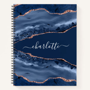 Blue agate marble rose gold name script notebook