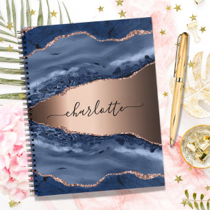 Blue agate marble rose gold name script notebook