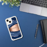 Blue agate marble rose gold name script OtterBox iPhone 14 case<br><div class="desc">A dark blue and rose gold agate,  marble stone print as background Personalize and add your name. The name is written with a modern hand lettered style script.</div>