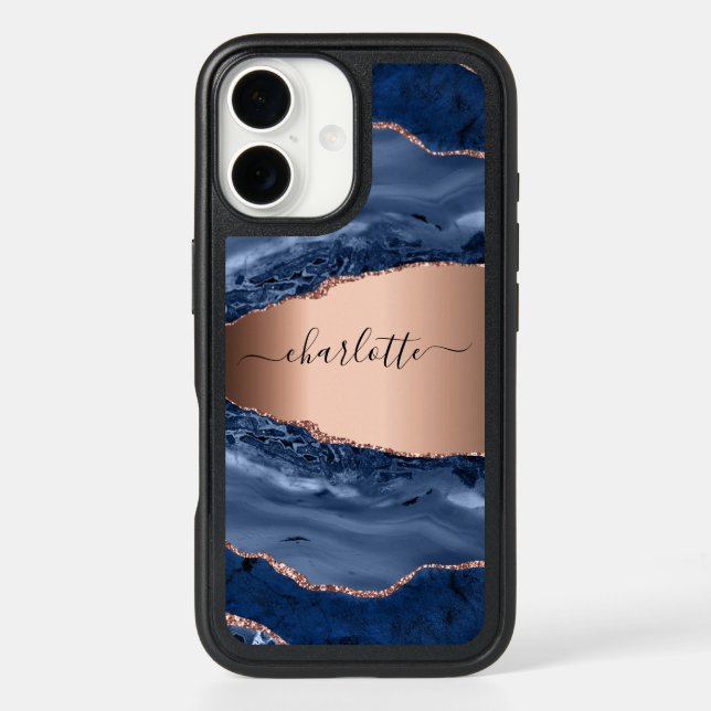 Blue agate marble rose gold name script otterbox iPhone case (Back)
