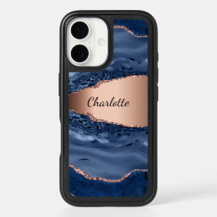 Blue agate marble rose gold name script iPhone 16 case