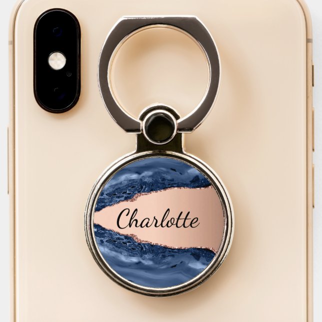 Blue agate marble rose gold name script phone ring stand (Close Up)