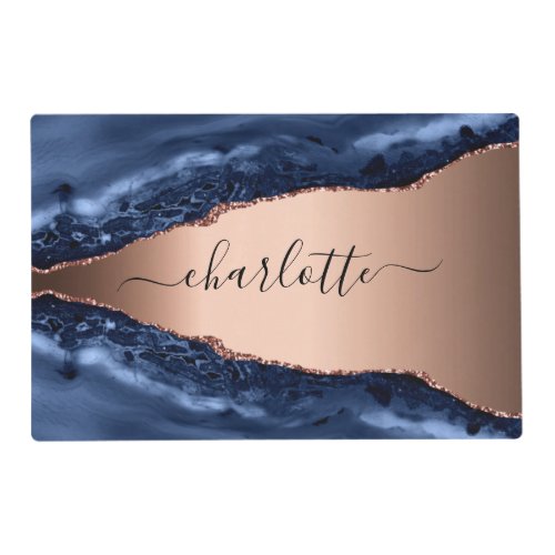 Blue agate marble rose gold name script placemat