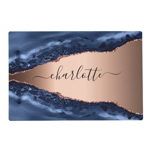Blue agate marble rose gold name script placemat (Front)