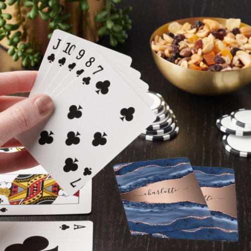 Blue agate marble rose gold name script poker cards