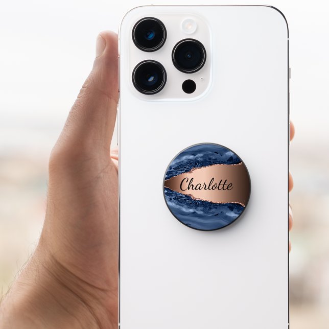 Blue agate marble rose gold name script PopSocket (Creator Uploaded)