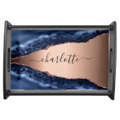 Blue agate marble rose gold name script serving tray (Front)